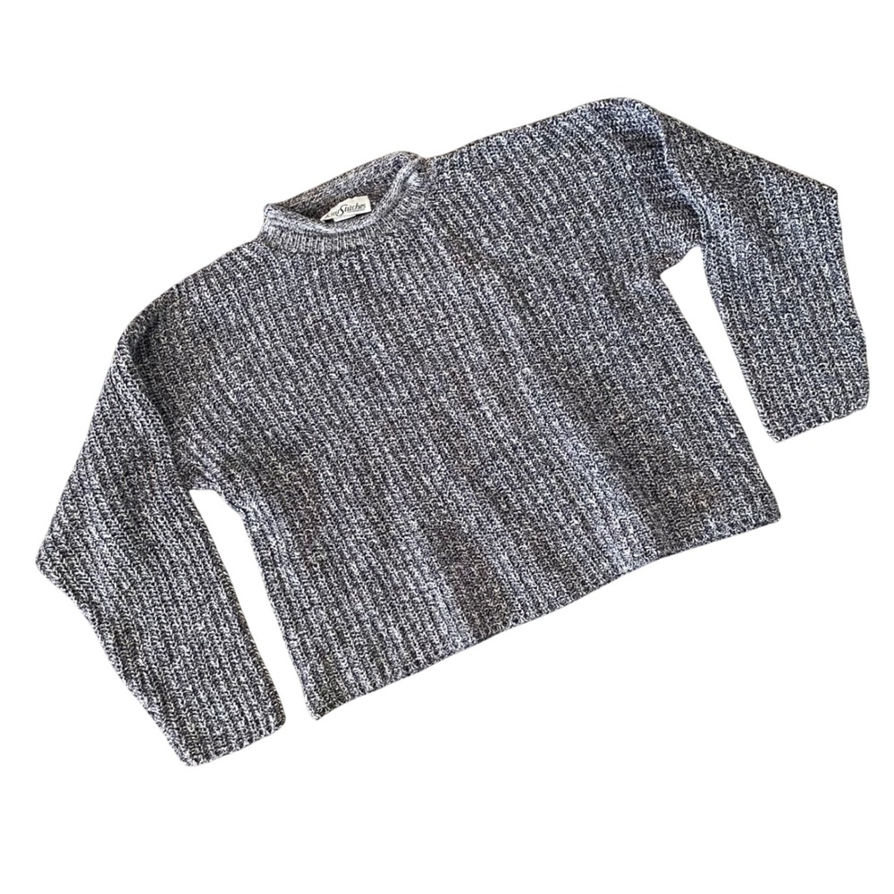 Vintage Roll Neck Knit Stitches Sweater Womens M Cropped Boxy Oarsman Fisherman